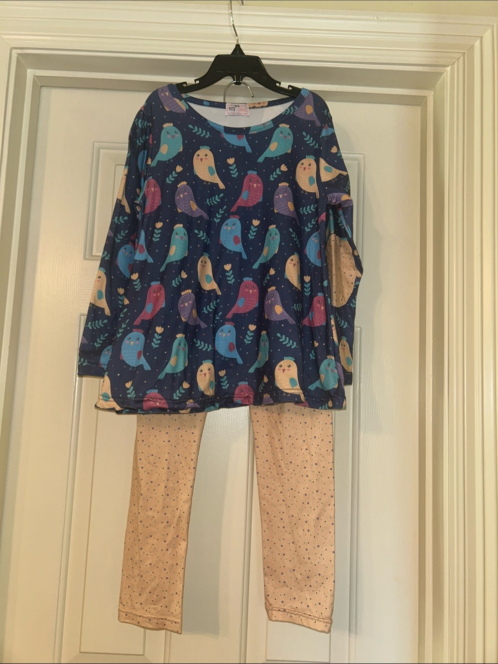 Girls' Navy Bird Print Pajama Set with Cream Leggings - Cozy Sleep Set